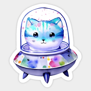 UFO Alien Cat in Spaceship Watercolor Art Cat Mon Cat Dad Cat Lover Sticker